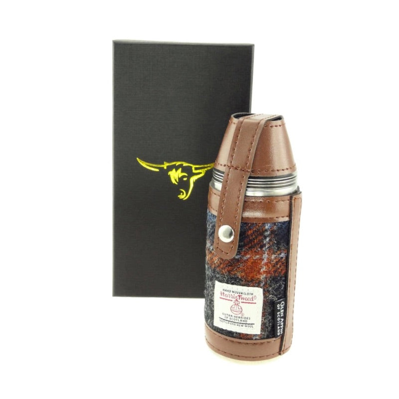 Glen Appin 8oz Harris Tweed Outdoor Flask in Rustic Orange & Navy