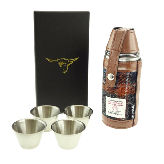 Glen Appin 8oz Harris Tweed Outdoor Flask in Rustic Orange & Navy