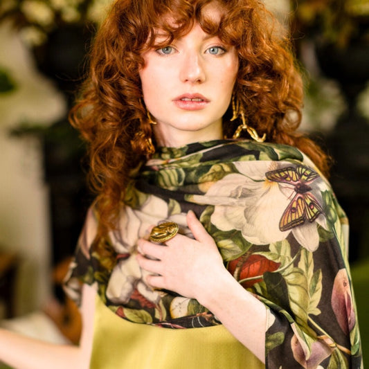 Fleur De Lune Scarf with Floral Print & Bees