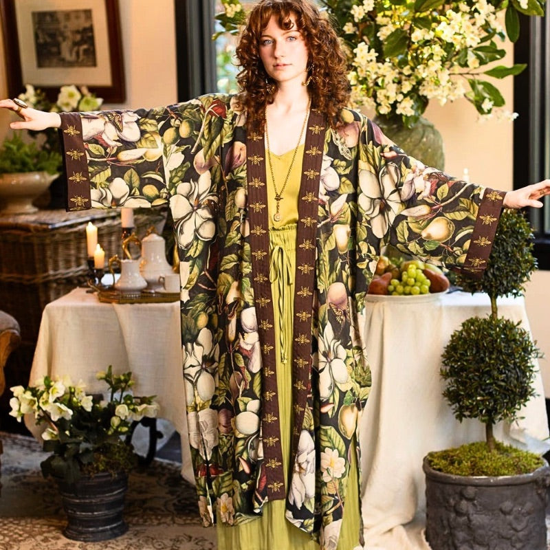 Fleur De Lune Long Duster Kimono Jacket with Florals & Bees