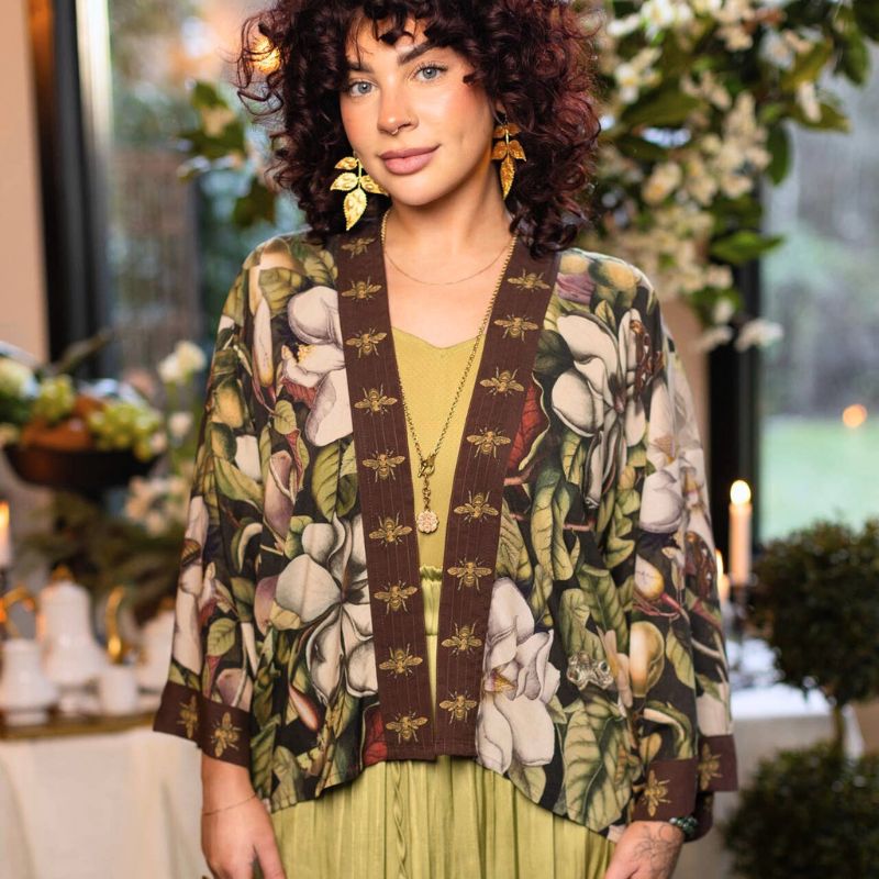 Fleur De Lune Cropped Kimono Jacket with Florals & Bees