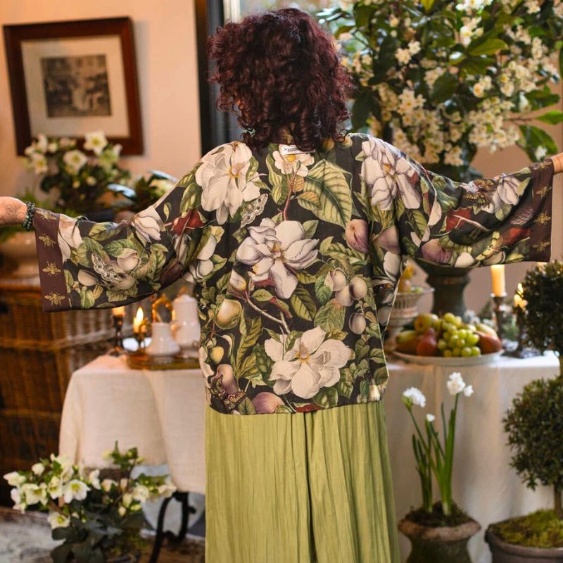 Fleur De Lune Cropped Kimono Jacket with Florals & Bees