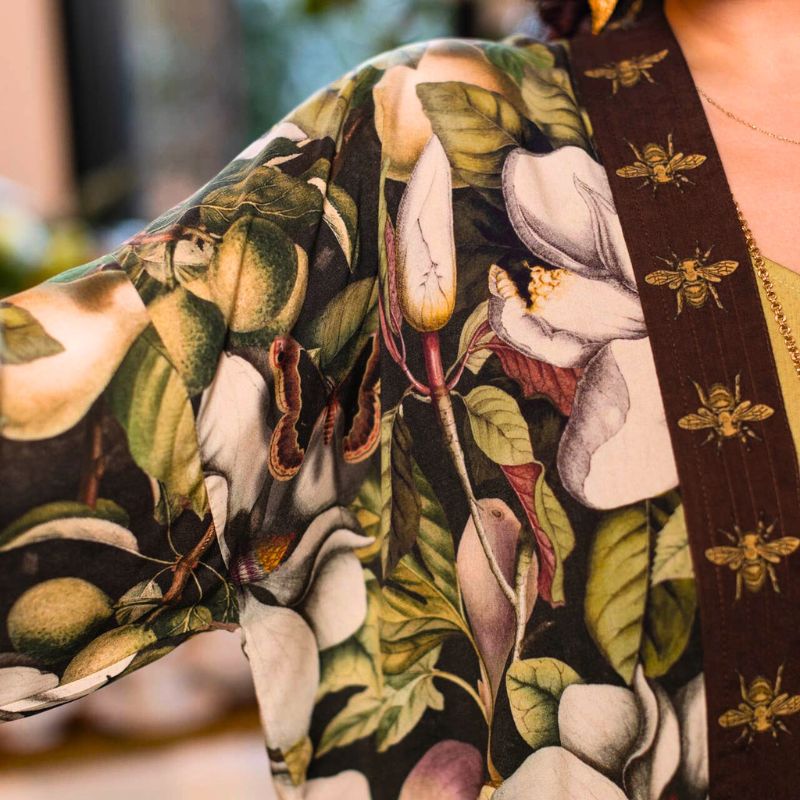 Fleur De Lune Cropped Kimono Jacket with Florals & Bees