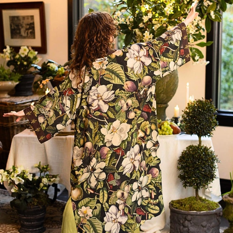 Fleur De Lune Long Duster Kimono Jacket with Florals & Bees
