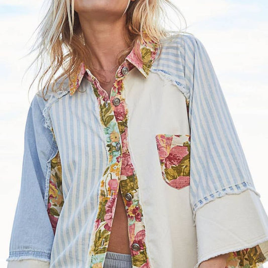 Vintage Style Frayed Floral and Denim Oversized Cotton Shirt