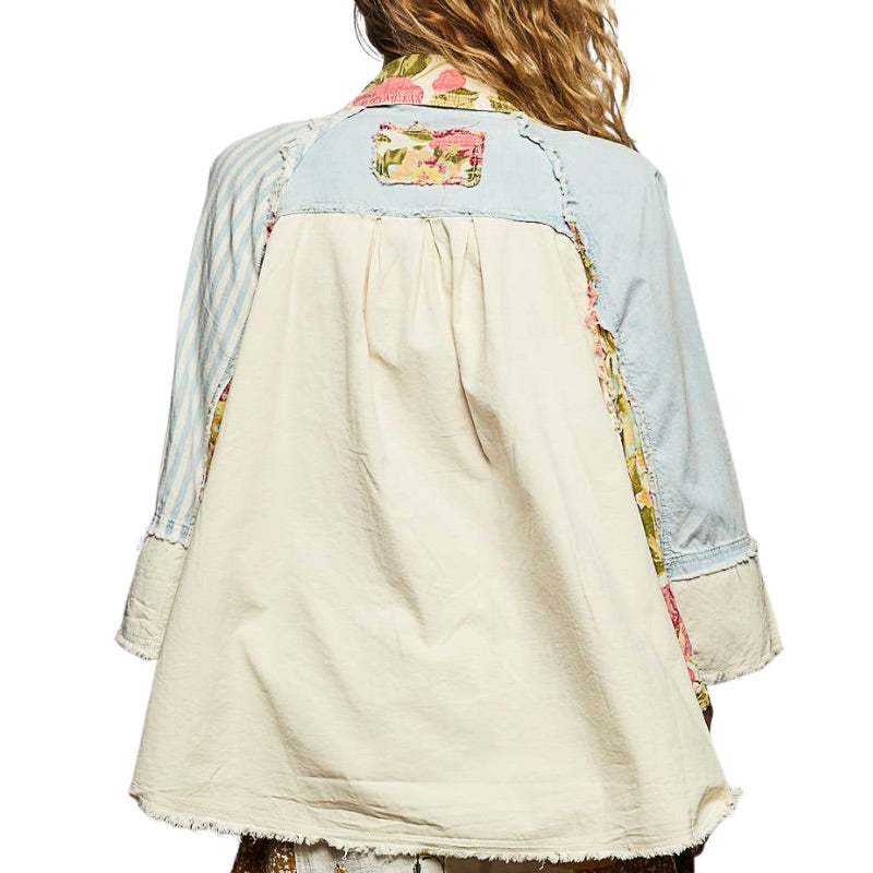 Vintage Style Frayed Floral and Denim Oversized Cotton Shirt