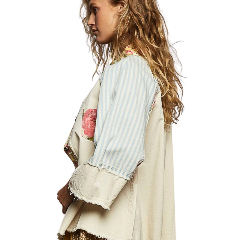 Vintage Style Frayed Floral and Denim Oversized Cotton Shirt