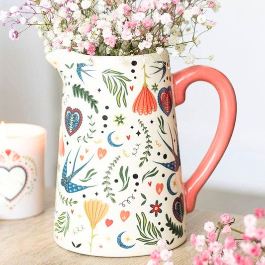 Folk Heart Cream Ceramic Flower Jug
