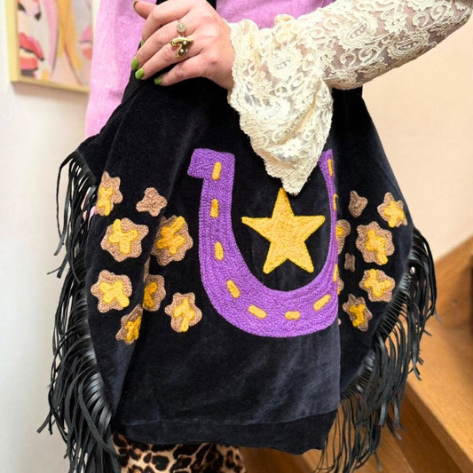 Lucky Star Velvet Embroidered Fringe Bag by ToutVintage