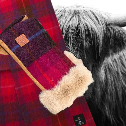 Islander UK Lambswool Fingerless Mittens in Fuchsia Tartan