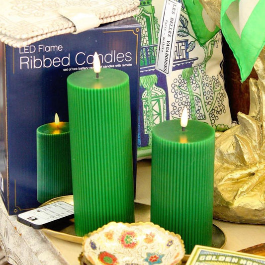 Pair of Ribbed Pillar Candles in Green - Battery Operated