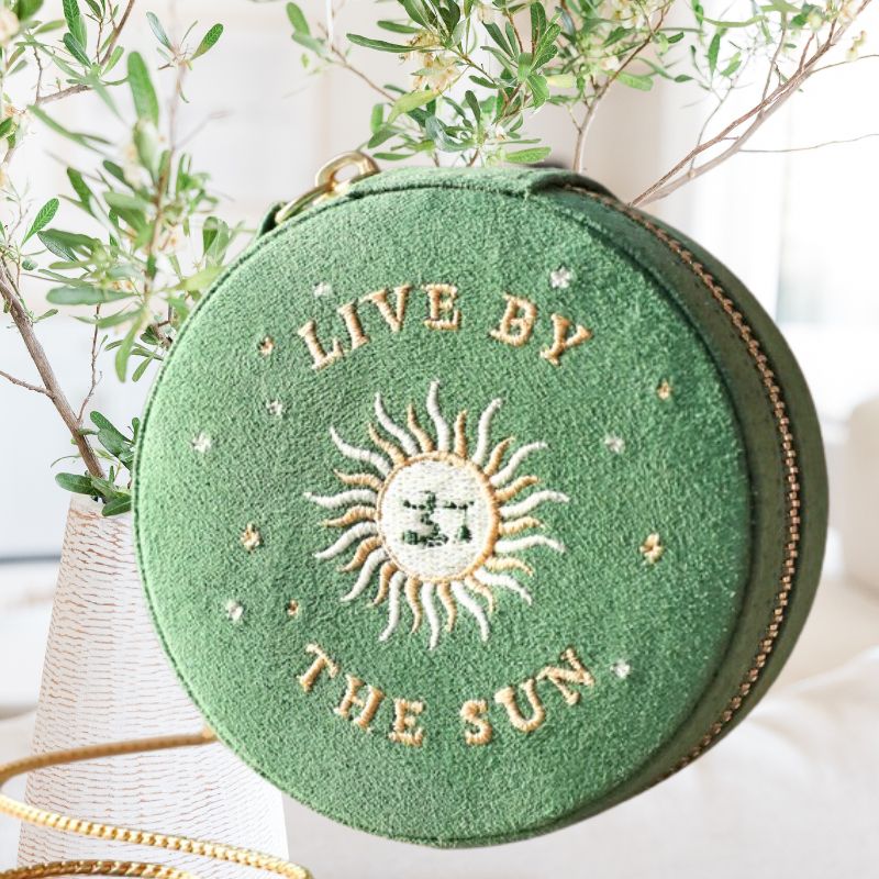 Moon and Sun Embroidered Round Jewellery Case in Forest Green