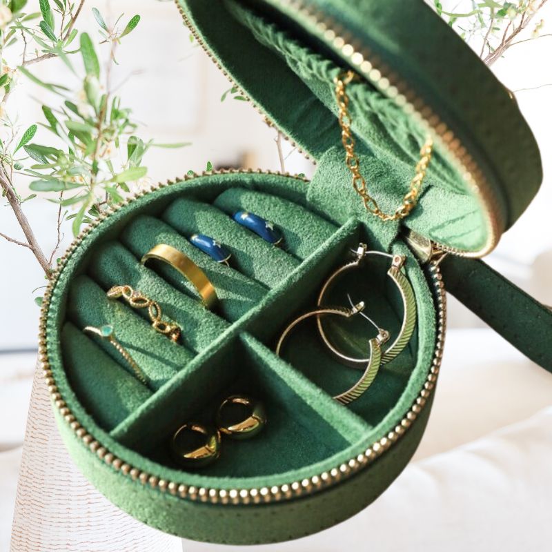 Moon and Sun Embroidered Round Jewellery Case in Forest Green