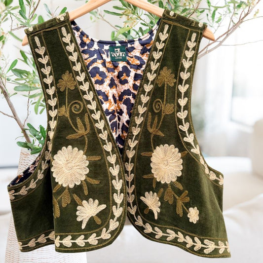 Suzani Velvet Vest in Cream/Olive Green