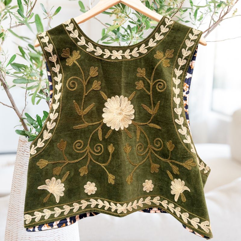 Suzani Velvet Vest in Cream/Olive Green