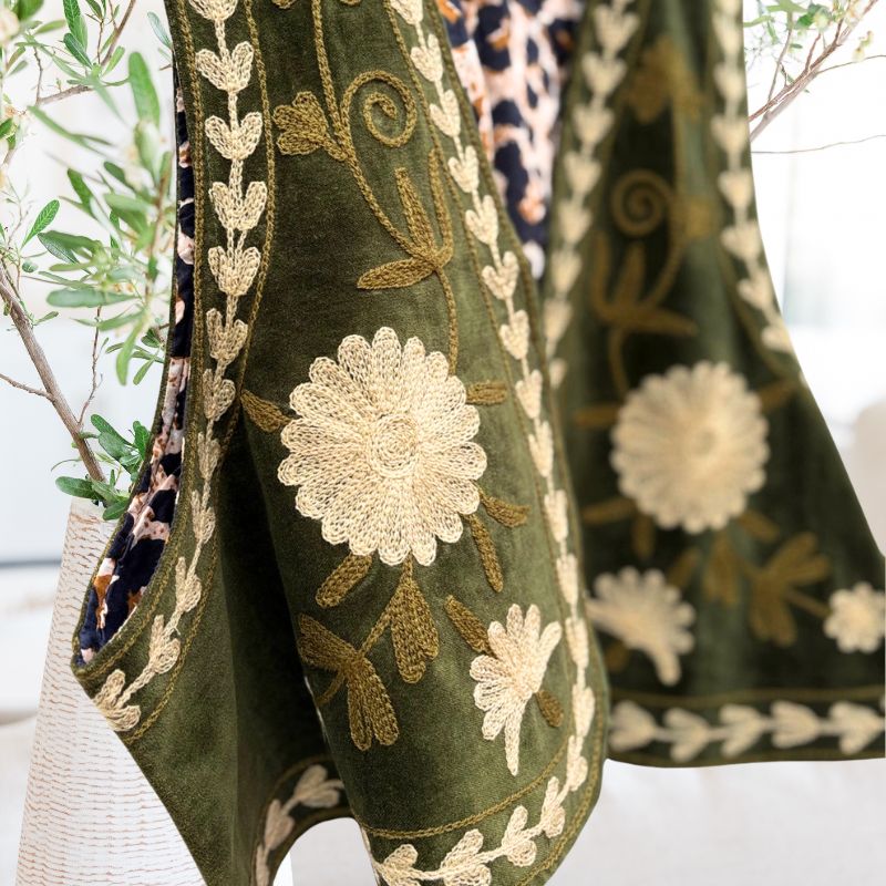 Suzani Velvet Vest in Cream/Olive Green