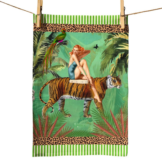 Jungle Walk Green Wild Retro Glamour 100% Linen Tea Towel