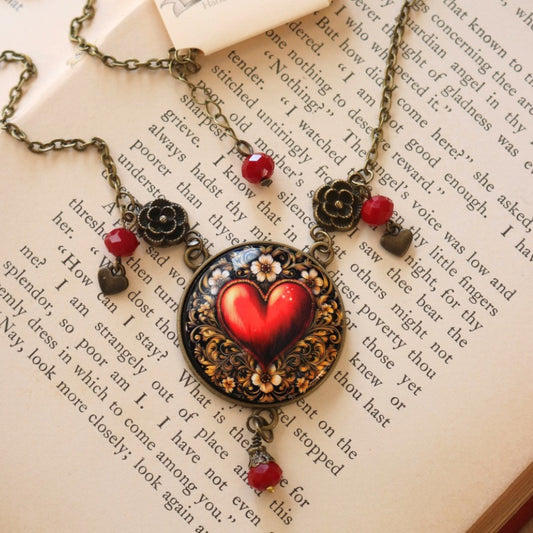 Big Heart Glass Cabochon Necklace in Antique Bronze
