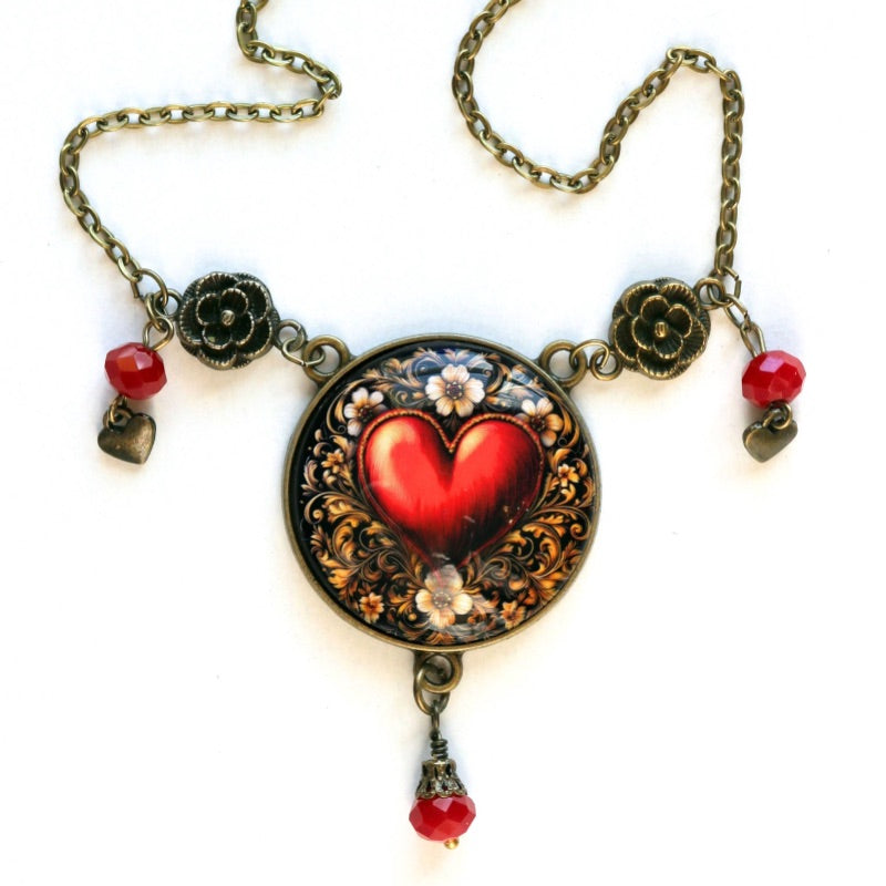 Big Heart Glass Cabochon Necklace in Antique Bronze