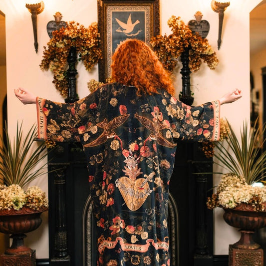 Heart of Gold Long Duster Kimono Jacket with Sacred Heart