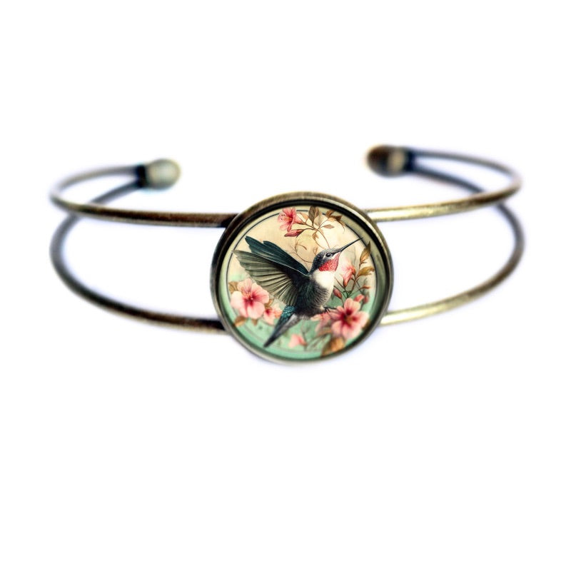 Hummingbird Art Nouveau Glass Cabochon Cuff Bracelet