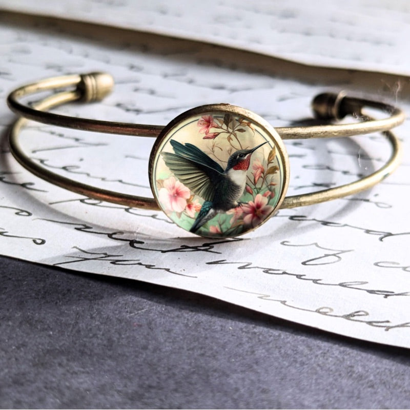 Hummingbird Art Nouveau Glass Cabochon Cuff Bracelet