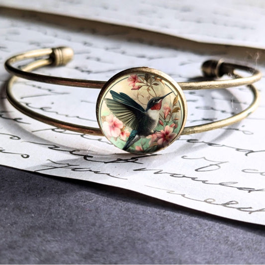 Hummingbird Art Nouveau Glass Cabochon Cuff Bracelet