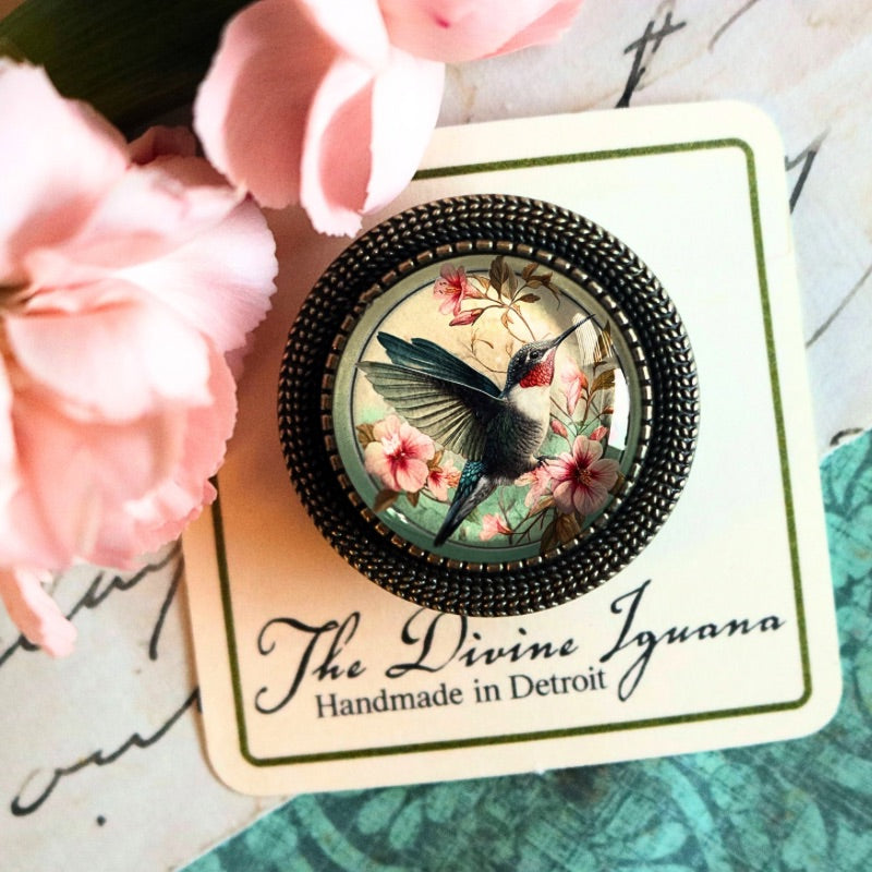 Hummingbird Art Nouveau Glass Cabochon Brooch