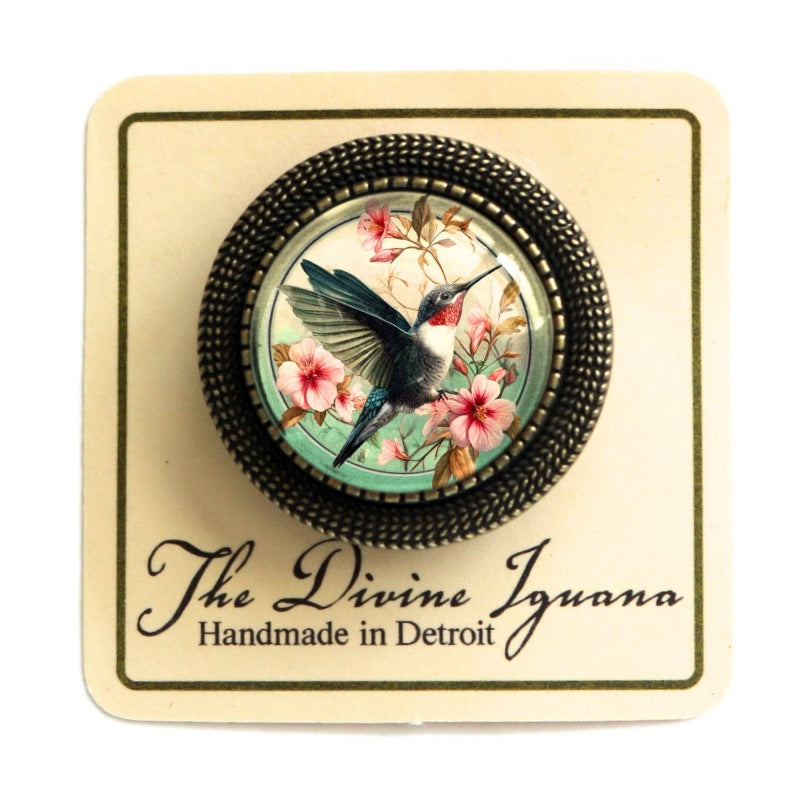 Hummingbird Art Nouveau Glass Cabochon Brooch