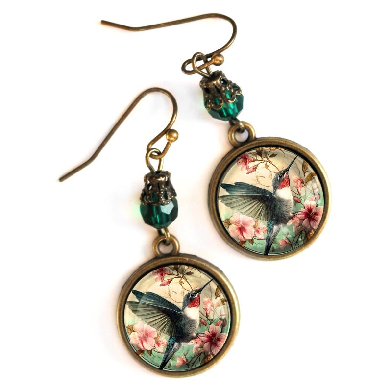 Hummingbird Art Nouveau Glass Cabochon Earrings
