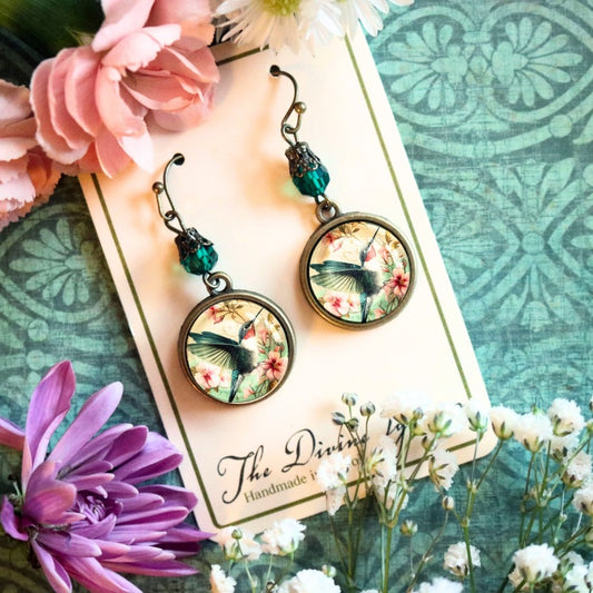 Hummingbird Art Nouveau Glass Cabochon Earrings