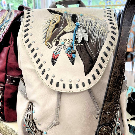 Embroidered Horse Western Backpack in Rustic White