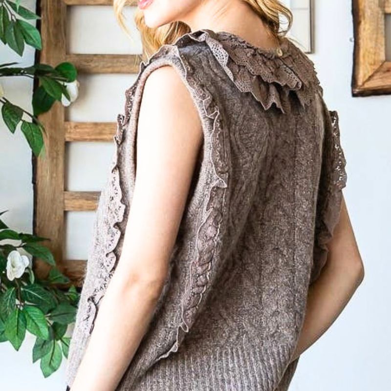 Mocha Lace Frill Cable Knit Vest