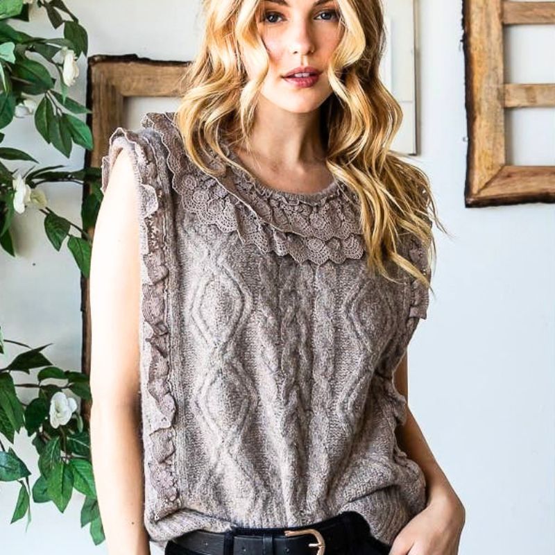 Mocha Lace Frill Cable Knit Vest