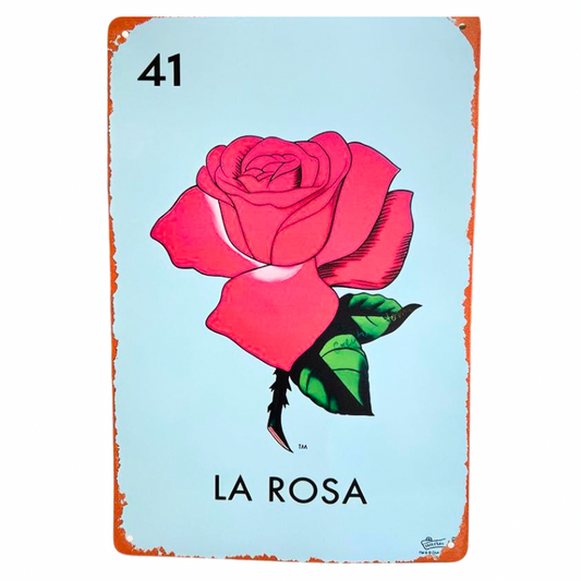 Large La Rosa on Aqua Mexican Lotería Tin Art