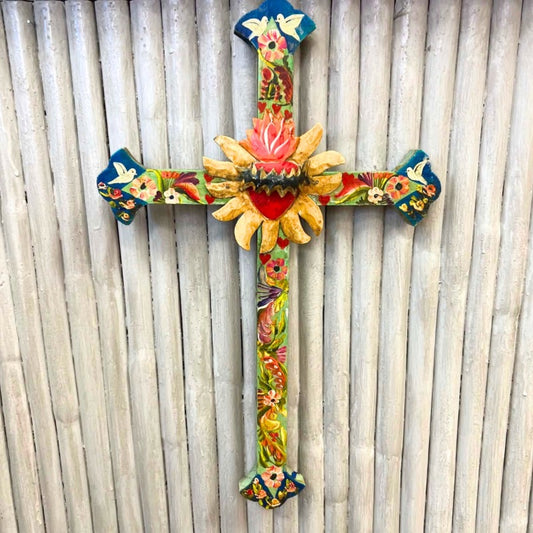 Authentic Hand-Painted Timber Cross with Sacred Heart