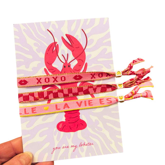 Lobster Love Greeting Card with 3 Ribbon Bracelets