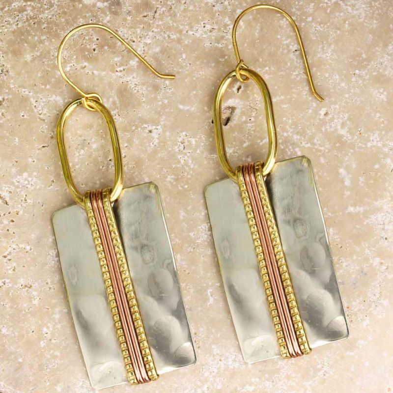Hammered Silver and Copper Long Boho Earring