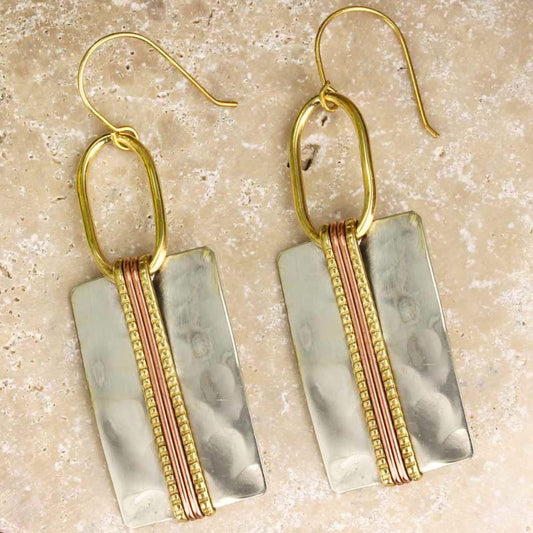 Hammered Silver and Copper Long Boho Earring