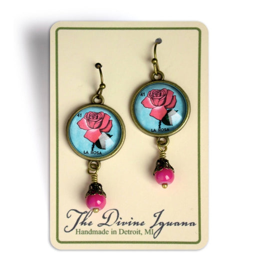 Lotería La Rosa Glass Cabochon Earrings