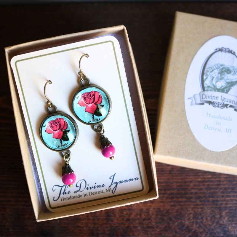 Lotería La Rosa Glass Cabochon Earrings