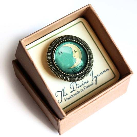 Lotería La Luna Crescent Moon Glass Cabochon Brooch
