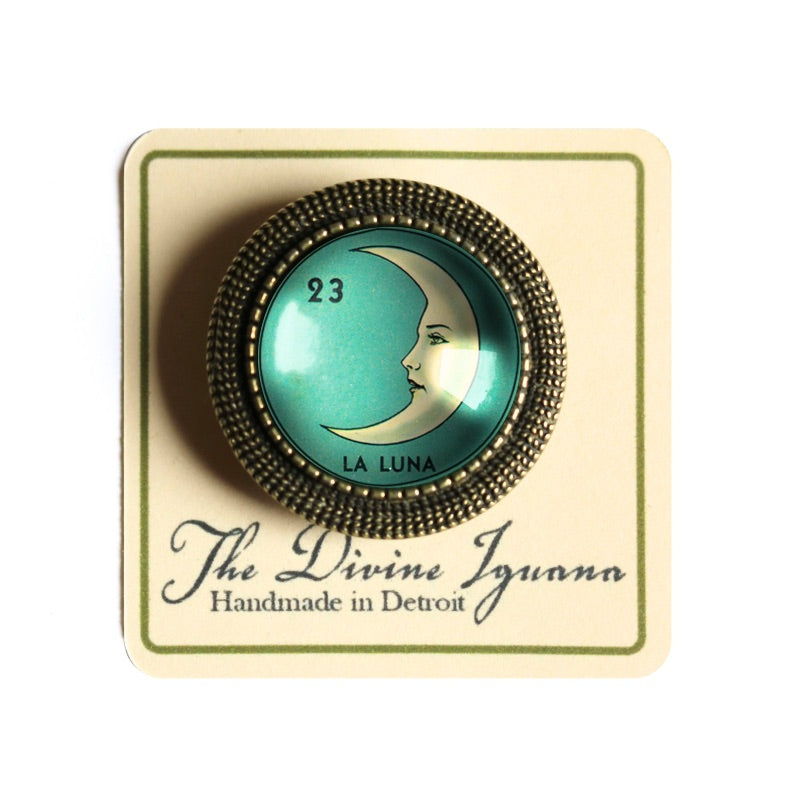 Lotería La Luna Crescent Moon Glass Cabochon Brooch