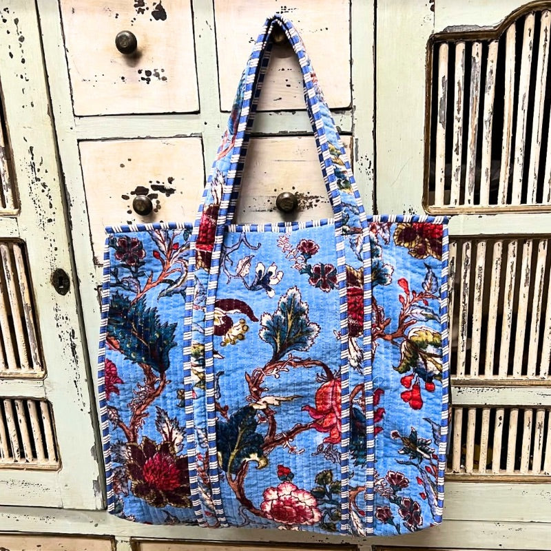 Mandalay Velvet Floral Tote Bag in Himalayan Blue
