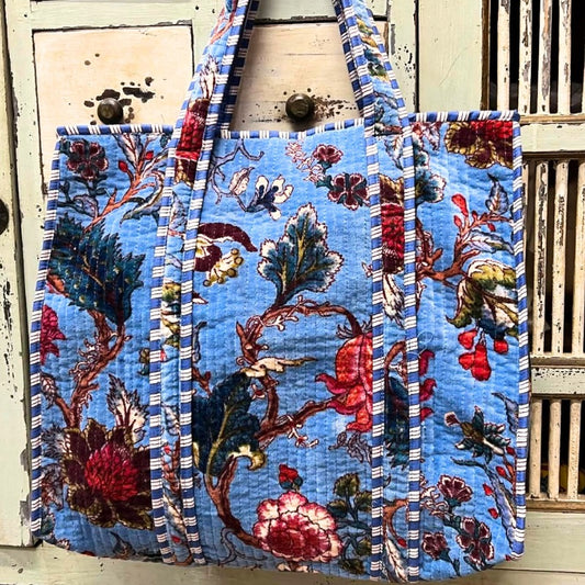 Mandalay Velvet Floral Tote Bag in Himalayan Blue