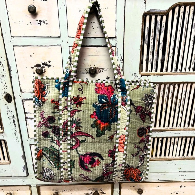 Mandalay Velvet Floral Tote Bag - Tarragon