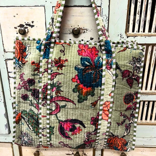 Mandalay Velvet Floral Tote Bag - Tarragon