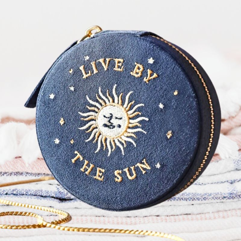 Moon and Sun Embroidered Round Jewellery Case in Midnight Blue