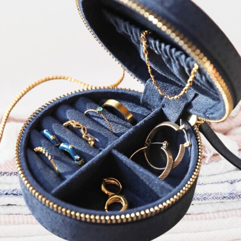 Moon and Sun Embroidered Round Jewellery Case in Midnight Blue