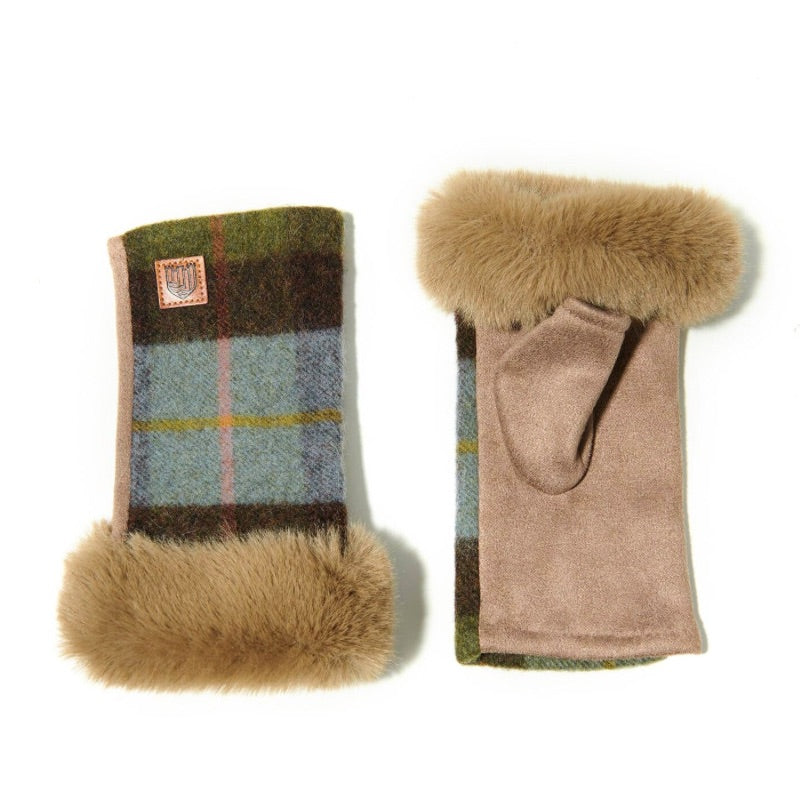 Islander UK Lambswool Fingerless Mittens in Chestnut Blue Tartan